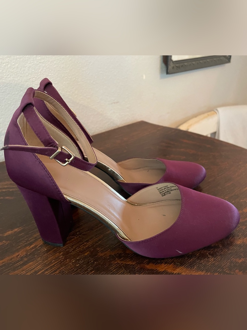 Plum Satin Ankle Strap Block Heel Pumps Women’s 11